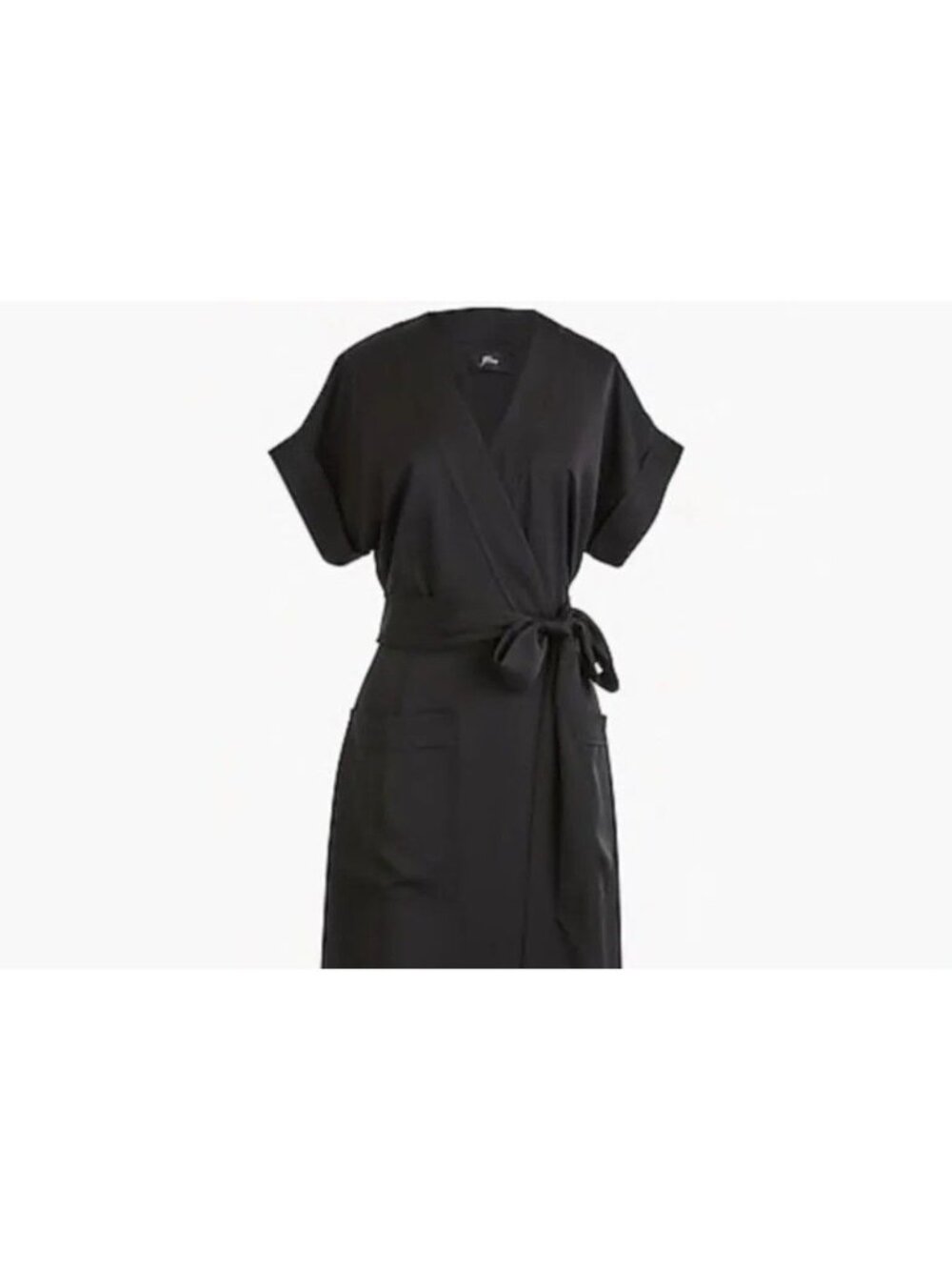 J.Crew Black Satin Crepe‎ Wrap Dress Short Cuff Sleeve V Neck, Size 2X